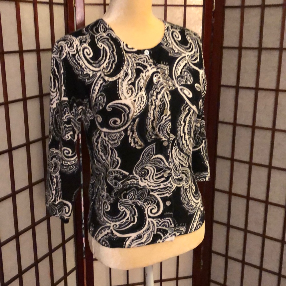 Pierre New York cardigan beaded Black & White sweater with 3/4 length sleeves S